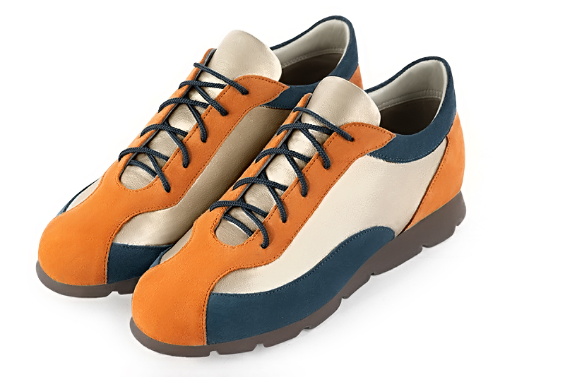 Apricot orange, gold and peacock blue women's three-tone elegant sneakers. Round toe. Flat rubber soles. Front view - Florence KOOIJMAN